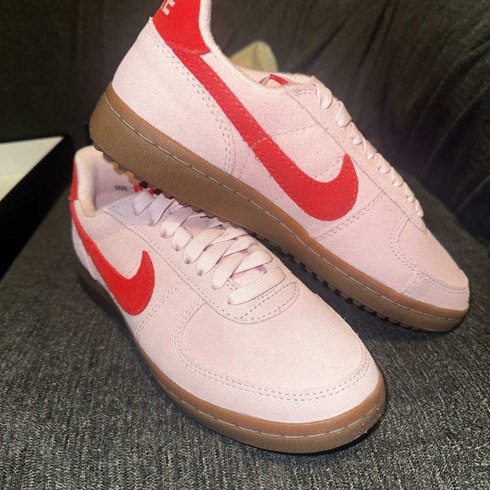 Nike Women’s Pink Suede Sneakers with Red Swoosh and Gum Sole